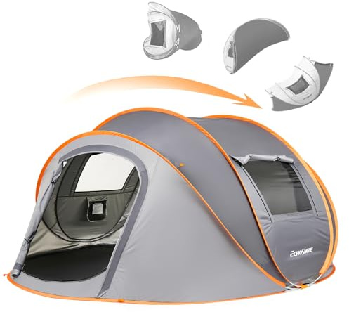 EchoSmile Instant Pop Up Camping Tent, 4 Person Easy Setup Tent, Water Resistant Dome, Portable with Carry Bag(Gray & Orange,4 Person)