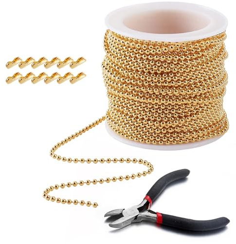 10m/32.8Feet Stainless Steel Ball Bead Chains with 50 Pcs Matching Connectors Beads & Pliers 2.4mm Diameter DIY Jewelry Making Accessories for Crafts Curtain Blind Pull Tags Chain Key Chain (Gold)