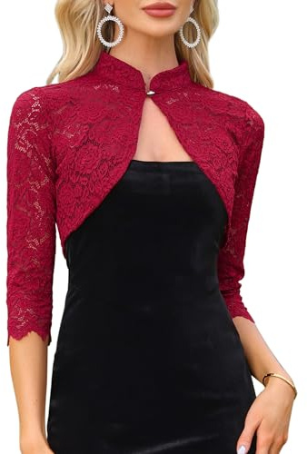 Allegra K Elegante Bolero in Pizzo per Donna con Maniche A 3/4 E Cardigan in Pizzo Floreale Trasparente Rosso Scuro S