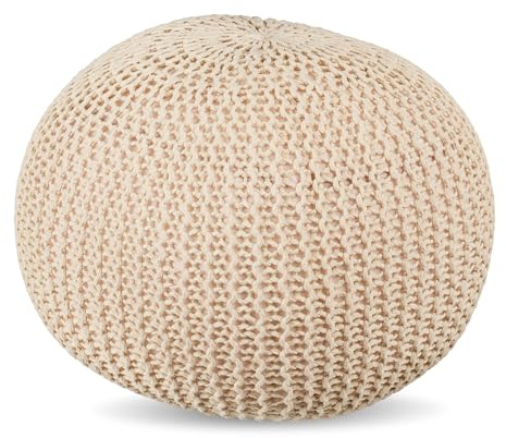 Relaxdays Pouf, gestrickt, HxD: 33 x 46 cm, Polystyrol-Füllung, rundes Bodensitzkissen, Boho Hocker, Sitzpouf, beige