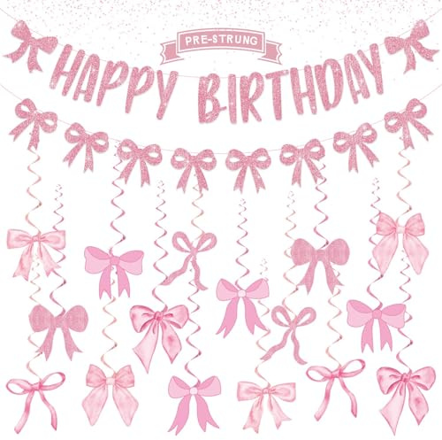 Decorazioni di Compleanno Rosa con Fiocco – Festone “Happy Birthday” Lucente, Ghirlanda con Fiocchi e Decorazioni a Spirale Sospese, Addobbi per Feste di Compleanno Bambina o Donna, Stile Elegante