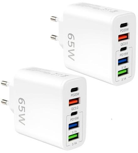 Lot de 2 Chargeur USB C Rapide 65W à 5 Ports, Prise USB Multiple avec 2 USB C PD & 3 USB A QC3.0, Adaptateur Secteur pour iPhone 17 16 15 14 13 12 11 Pro Max,Galaxy, Android and Smartphones
