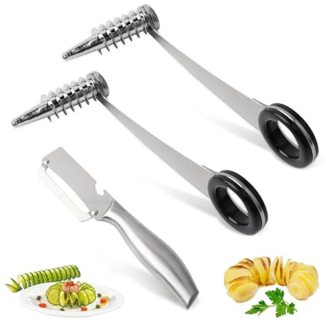 GYYXH Set di 2 affettatrici a spirale in acciaio inox – Taglierina manuale per patate e verdure 1 pelapatate, per carote e mele – Ideale per zoodles, snack sani e decorazioni per insalate creative