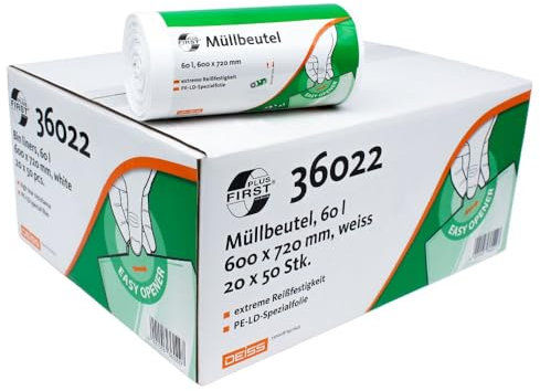 DEISS 36022 First-Müllbeutel 60l weiß (50 Stück/Rolle)