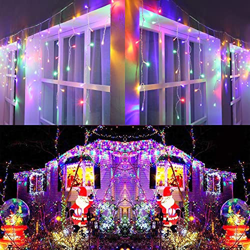 Joomer Cortina Luces Navidad Exterior, 9M 300LED Cadena de Luces Carámbanos con Temporizador 8 Modos IP44 Impermeable Cascada Luces para Interiores Balcón Alero Navideña Decoración(Multicolor)