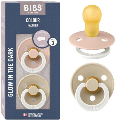 BIBS Colour Ciuccio confezione da 2 pezzi. Privo di BPA, Tettarella tonda. Lattice di gomma naturale, Misura 3 (18 + mesi), Blush NIGHT/Vanilla NIGHT