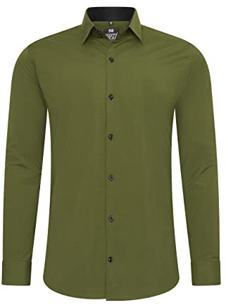 Rusty Neal-herrskjorta premium slim fit långärmad stretch kontrast skjorta affärsskjorta fritidsskjorta, kaki, M