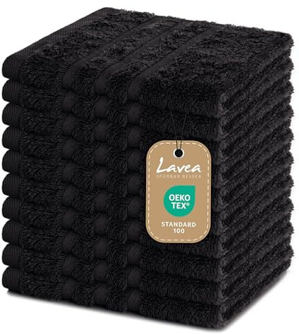 Lavea® 10er Set Seiftuch 30x30 cm – Hochwertige Gästehandtücher 30x30 aus 100% Baumwolle, Frottierserie Elena – Saugstark, Waschbar und Strapazierfähig - Schwarz
