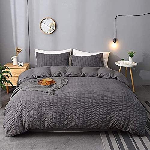 Seersucker Duvet Cover with Pillow Cases Charcoal Bedding Bed Set 100% Cotton Waffle Quilt Covers Double King Super King Size (Charcoal, Double)