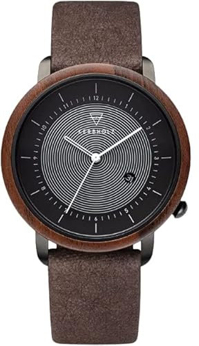 Kerbholz Holzuhr – Masterpieces Collection Michel Solar Vegan, analoge Herrenuhr, Quarz Uhr mit Datumsanzeige, Naturholz Gehäuse, Uhrenarmband aus Papiermaterial, ø 45mm, Walnuss (Walnut Tobacco)