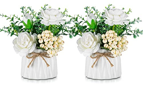 BLOSMON Kunstblumen im Topf Deko: 2 Stück Mini Weiß Künstliche Rosen Künstlich Blumen mit Vase für Tischdeko Wohnzimmer Zuhause Dekoration Fake Blume Pflanzen Schlafzimmer Hochzeit Party Büro Decor