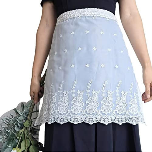 Vanoker Embroidered Fashion Waist Aprons Home Kitchen Restaurant Photo Props Florist Shop White Lace Half Apron (White)
