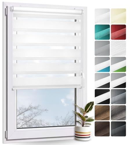 Rollmayer Doppelrollo Klemmfix ohne Bohren Klemmrollo Fensterrollo (Weiß - 45 x 220 cm - BxH) Duo Rollo Sonnenschutzrollo Zebrarollo Seitenzugrollo für Fenster und Tür