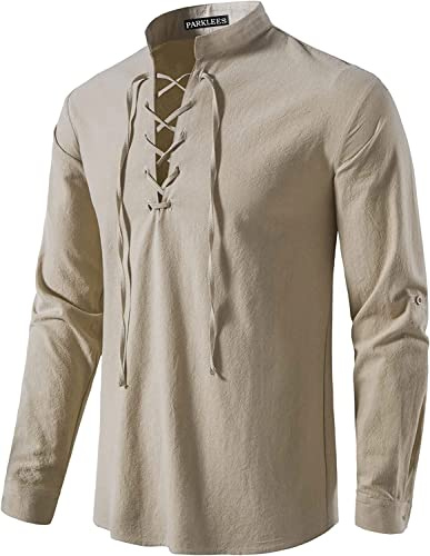 PARKLEES Men's Medieval Viking Pirate Vintage Lace Up Costume | for Renaissance, Halloween, Cosplay, Drawstring, Long Sleeve