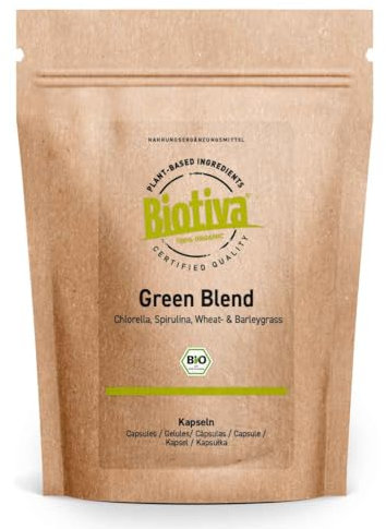 Green Blend Kapseln Bio - 120 Stück - Chlorella Spirulina Gerstengras Weizengras Kapseln - Algen und Gräser in Bio Qualität - Biotiva