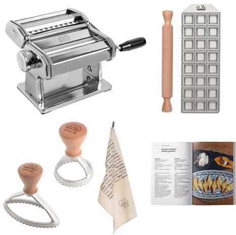 Set Preparazione Pasta e Ravioli, Macchina per la Pasta Atlas 150 + Stampo per 24 Ravioli Quadrati da 35 mm + Mattarello + Stampo Tondo + Stampo Ovale + Canovaccio + Ricettario.