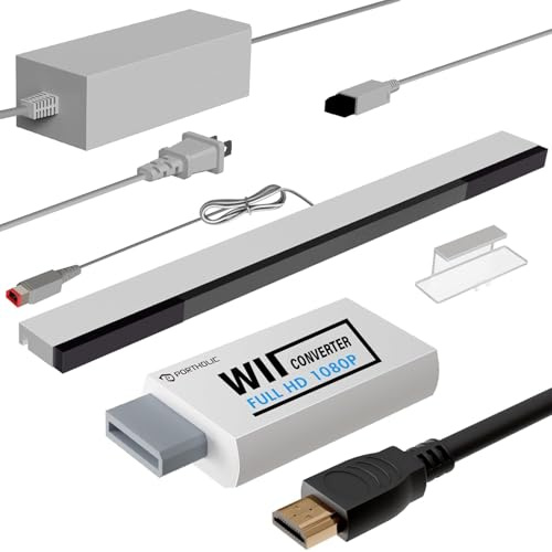 PORTHOLIC 4 in 1 Wii Replacement Cables Set, Wii AC Power Adapter + Wii to hdmi Converter+ Wired Motion Sensor Bar and Composite Audio Video Cable for Nintendo Wii