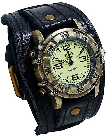 OIDEA Reloj Steampunk Cuero Hombre: Relojes Redondo de Cuarzo Analógico Vintage Negro para Caballero Correa de Piel Ancha Decoración de Halloween - para Ocio Fiesta Regalos