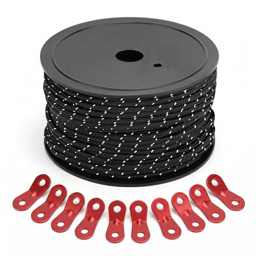QWORK® 5mm x 50M Reflective Black Tent Guy Ropes with 10 Aluminum Tensioners - Heavy Duty Nylon Cord Guy Lines for Camping, Tarp and Awning