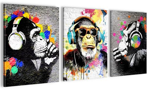 Novart Wandbilder Affe Banksy Style Graffiti - KOMPLETT AUFHÄNGFERTIG - Wohnzimmer Loft Deko - 3 Moderne Bilder Grau Bunt - N034535a