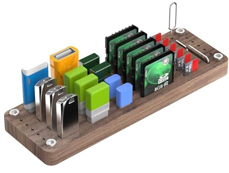 Scatola di immagazzinaggio in legno per carte - Organizzatore di schede di memoria desktop, slot di archiviazione USB | Supporto per carte in noce a 25 slot, materiale di alta qualità, Protect