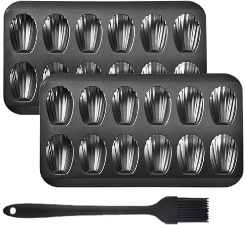 Lot de 2 moules à madeleines - Revêtement antiadhésif pour un démoulage facile - Avec pinceau à huile en silicone - Pour four, pâtisserie, chocolat, brownies, biscuits - Noir