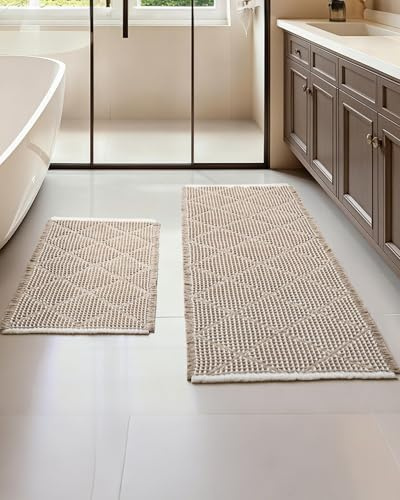 Furicher Waffle Bath Mat Set, Non Slip Bathroom Rugs Sets 2 Piece, Ultra Absorbent Long Bath Rug Runner for Bathroom Boho Chic Decor, Machine Washable Floor Mats, Brown & White, 20×47 Plus 18×30