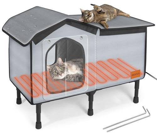 Outdoor Cat House Heated for Outside Winter 100% Waterproof Oxford Tarpaulin with Safe Escape Door and 5 Elevated Base with Heater for Feral Barn Cat Kitty (26“x20”x14“)