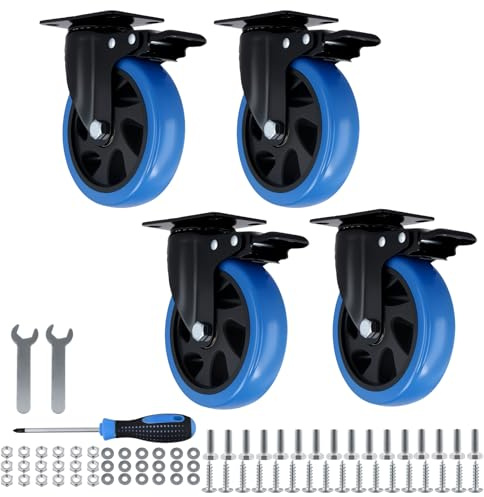 ZEONHEI 4 stycken 125 mm tunga lasthjul upp till 130 kg, möbelhjul med broms, blå, bockhjul, tunga styrhjul, transporthjul 360° rotation för möbeltransport, industri