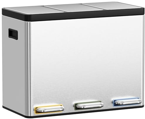 Clevich Système de tri sélectif 3 x 15 l en acier, poubelle à 3 compartiments avec pédales à code couleur, poubelle avec couvercles à fermeture douce et seaux intérieurs, argenté