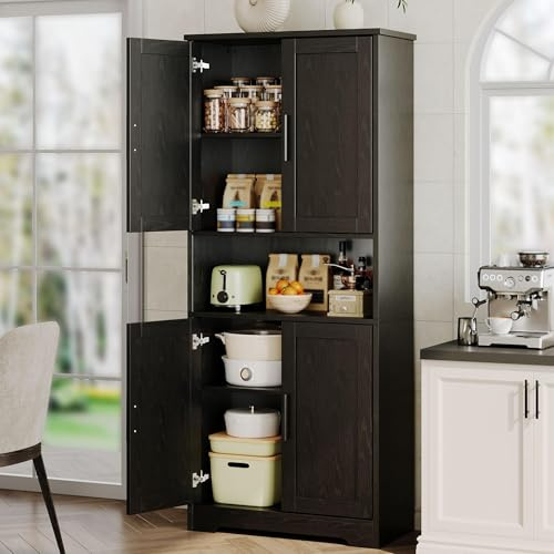 GAOMON 70 Tall Kitchen Pantry Cabinet with Doors & Adjustable Shelves, Freestanding Storage Cupboard for Kitchen, Living Room, Bathroom, or Dining Room—Sturdy MDF Utility Organizer(Black)