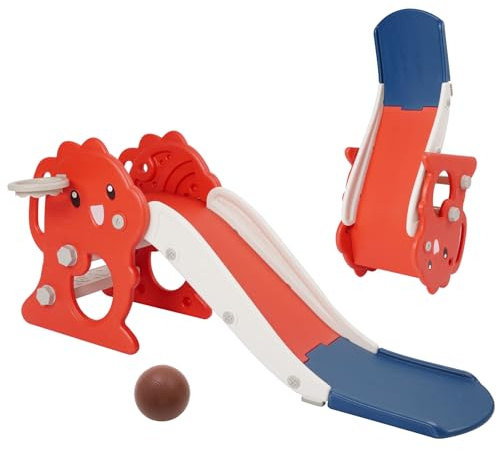 Tobogán infantil plegable pequeño con aro de baloncesto, color rojo | Tobogán para bebé para jardín, longitud del tobogán 105 cm, interior