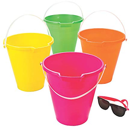 Fun Express Bright Neon Sand Buckets 4 Pack - Beach Toys for Toddlers 1-3 and Kids Ages 4-8 | 9 Inch Plastic Bucket with Handle for Sand Castle Building | Summer Vacation Essentials for Family