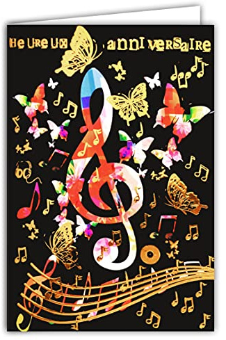 Carte Double Anniversaire - notes de musique avec Dorure - Format 12 x 17,5 cm - Meilleurs Vœux - Enveloppe Blanche - Message Original - Fabriquée en France- Afie 69-7008