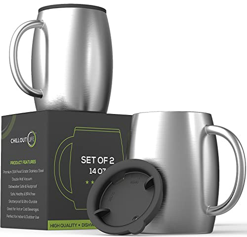 CHILLOUT LIFE Stainless Steel Insulated Coffee Mugs Set of 2 (14oz) – Double Wall Coffee Cups with Spill Resistant Lid & Strong Handle, Shatterproof Cups for Cold Drinks and Hot Beverages