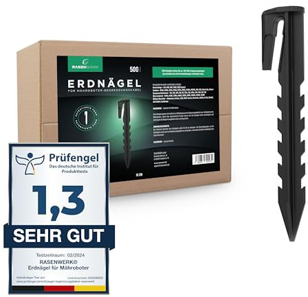 RASENWERK® - Erdnägel für Mähroboter Begrenzungskabel - 500 Stück - Erdanker mit patentierter Form - Erdspieße für Begrenzungsdraht - Kompatibel mit Gardena, Husqvarna, Worx, Bosch, AL-KO