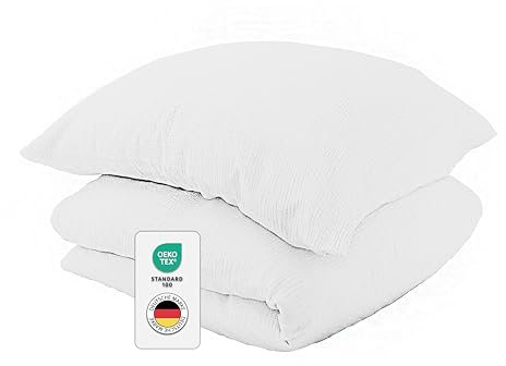 jilda-tex Bio-Bettwäsche Musselin Medina 100% Bio-Baumwolle Knitterlook Bügelfrei Uni Made in Green (Weiß, 200x200 + 2X 80x80 cm)