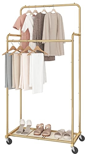 Simple Trending Double Rod Clothes Garment Rack, Heavy Duty Clothing Rolling Rack on Wheels for Hanging Clothes,with 4 Hooks, Gold