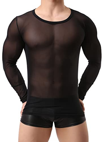 Drelaar Men's Round Neck Long Sleeve T-shirt Sexy Mesh See Through Undershirt Medium Black