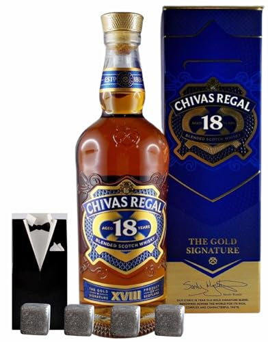 Chivas Regal 18 Jahre Scotch Whisky + 4 Whiskey Kühlsteine im Smoking Genießer Set Männergeschenke Whisky Geschenk idee