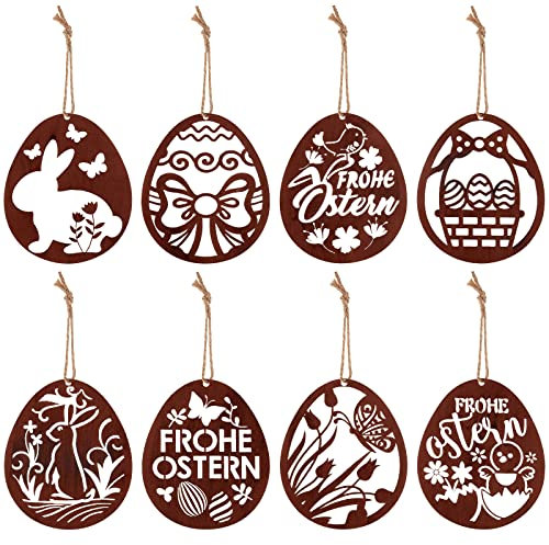8 Stück Ostern Rostikal Hängedeko Rostikale Ostereier zum Aufhängen Dekorative Rost Ostern Deko zum Aufhängen mit Seil für Ostern Party Dekorationen, 3,15 x 2,56 Zoll
