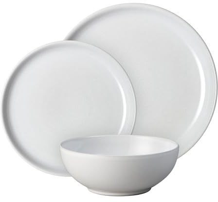 Denby - Elements Stone White Dinner Set For 4 - 12 Piece Ceramic Tableware Set - Dishwasher Microwave Safe Crockery Set - 4 x Dinner Plates, 4 x Medium Plates, 4 x Cereal Bowls