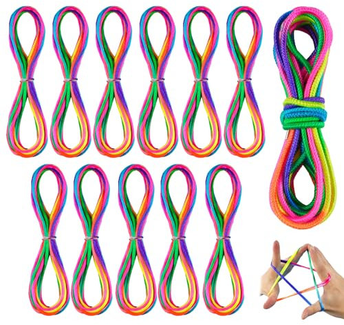 WINKIO 12PCS Fingertwist Fadenspiel Kinder mit Gummitwist, 11 STK Fingerspiel+1 STK Sprungbänder(5M),Regenbogen Geduldspiele Knobelspiele, Kleine Geschenke für Kinder geburtstage und Campus-Spiele