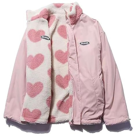 GOZYLA Women's Fleece Zip Up Jackets Reversible Kawaii Heart Print Zipper Coats Aesthetic Y2k Clothes Tops E-Girl Baggy Sweatshirt (Color : Pink, Size : XXL)