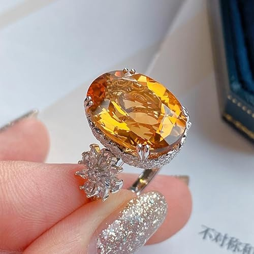 Citrine Ring November Birthstone Yellow Crystal Big Carat Zircon Topaz Full of Diamond Open Ring Female with Cubic Zirconia 925 Sterling Silver Rings for Women