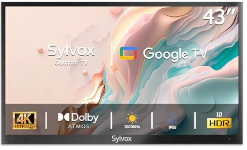 SYLVOX 43 TV da Esterno, 4K HDR10 1000Nits, Smart Google TV IP55 Impermeabile, DVB-T2/S2/C HEVC 10, WiFi, Google Assistant, Outdoor Televisione per Piscina, Giardini, Terrazza (Deck Pro 2.0)