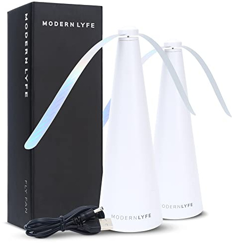 Fly Fans for Tables by Modern Lyfe - AA Battery & USB Powered - Fly Swatter Outdoor Camping Accessory Or for Food at Parties, Restaurants & Picnics, Bug Fan, Spinner Keeps Flies Away (2 Pack - White)