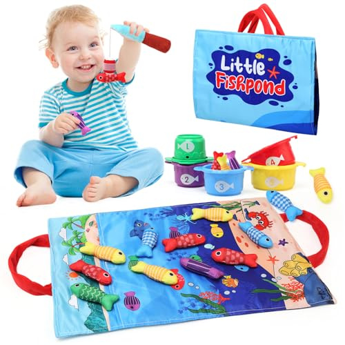 Ballery Juguetes Bebes 6-12 Meses, Juguetes Niños 1 Año, Juego Pesca con 15 Peces Tela, Juguetes Montessori 1 Niños Pesca De Peces Juguetes para Niños De 1 Año Regalo Bebe
