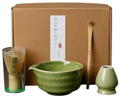 4Pcs Elegant Matcha Set - Ceramic Bowl with Spout, Bamboo Whisk & Scoop, Holder for Tea Culture Lovers (Green)
