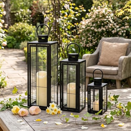 TRIROCKS Metal Candle Lantern Set of 3 - Assorted Sizes (23/39/22 cm) - Tall Decorative Hanging Lanterns with Tempered Glass Panels Indoor & Outdoor Home Decor for Parties & Events - Black Finish